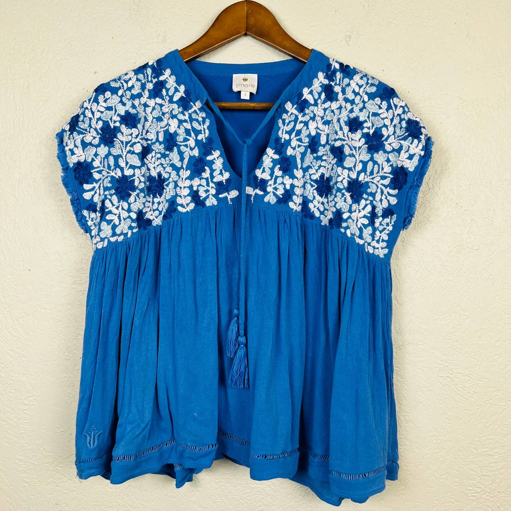 J Marie Embroidered Tunic Blouse Floral Sleeveless Blue - S